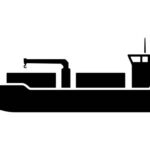 Cargo ship with crane icon. Bulk carrier, container ship. Black silhouette. Side view. Vector simple flat graphic illustration. Isolated object on a white background. Isolate.